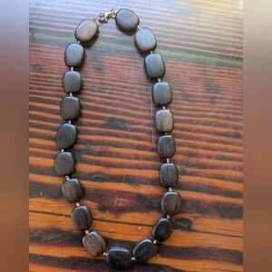 Chunky Dark Wood Beaded Necklace – Square Beads, Natural Boho Style